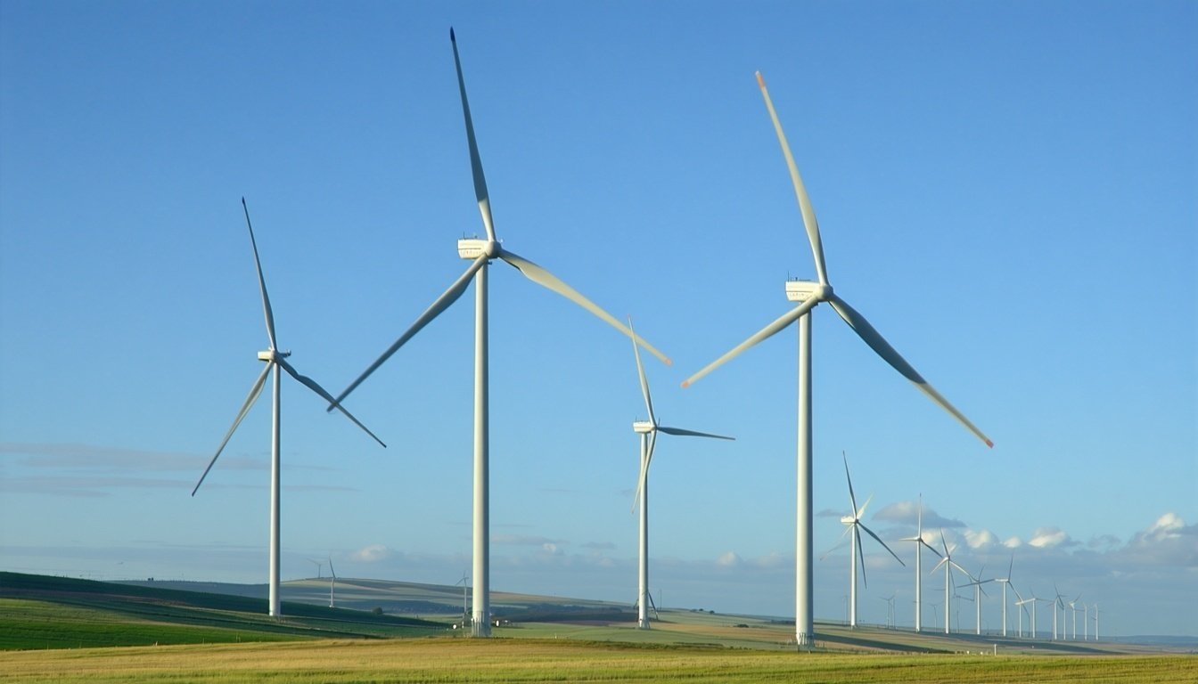 Modern wind turbines operating in a large-scale wind farm