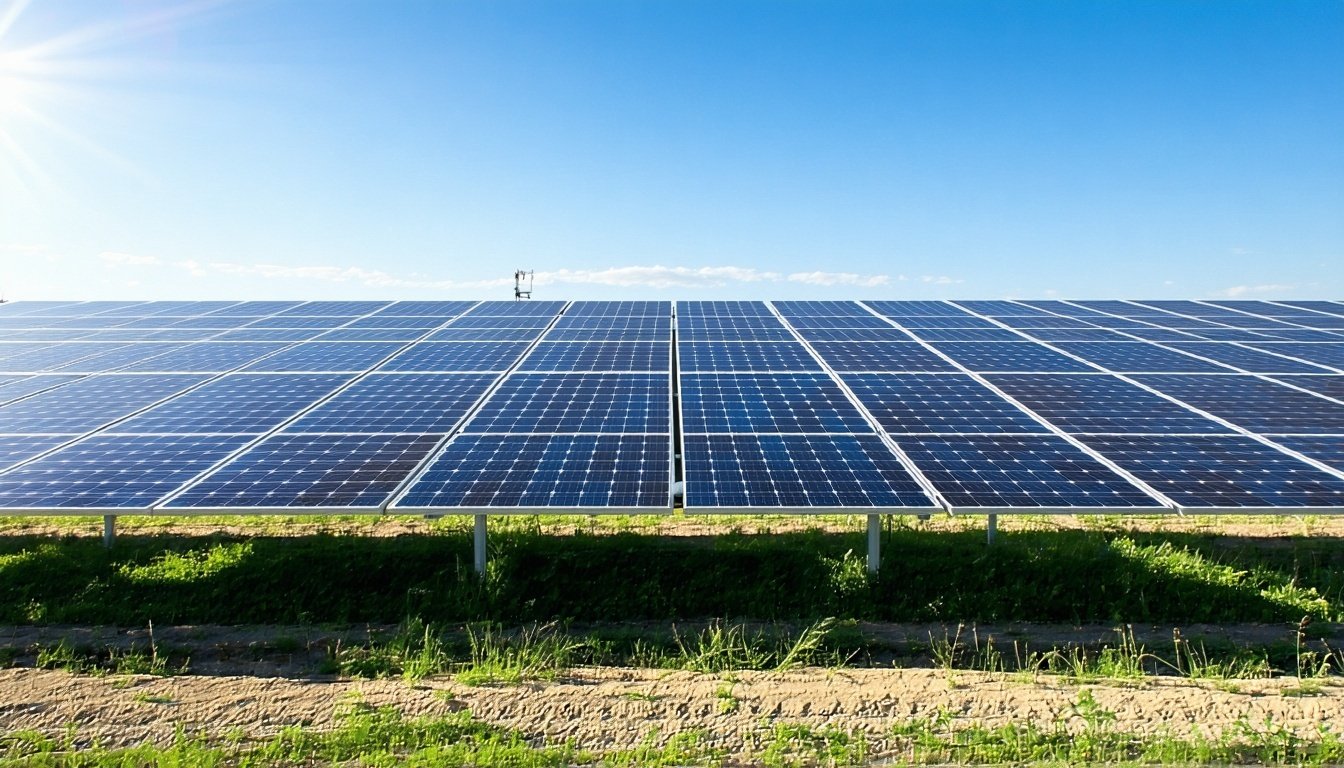 Solar panels installed on a wide open field under bright sunlight
