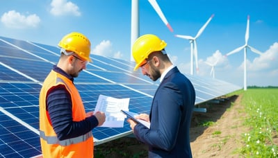 Engineers analyzing renewable energy projects with wind turbines and solar panels in the background