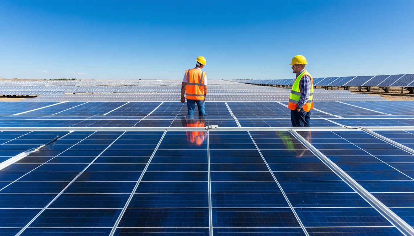 Engineers inspecting solar panels at a large solar farm