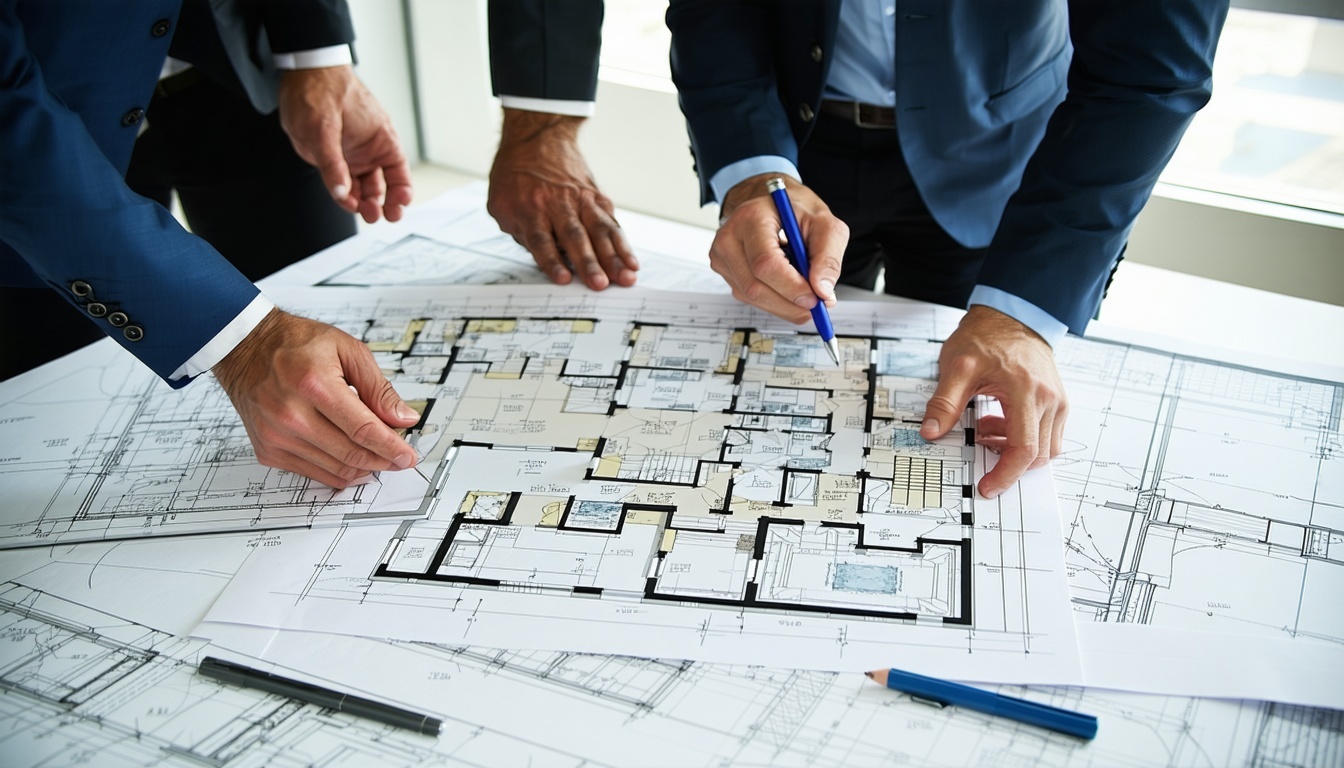 Consultants discussing project plans over blueprints and digital tablets