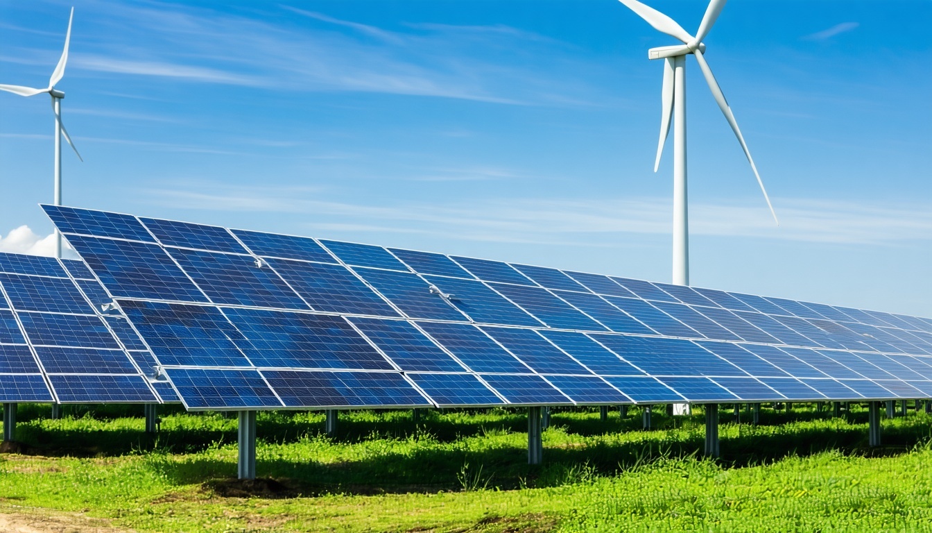 Wind turbines and solar panels working together in a hybrid energy park